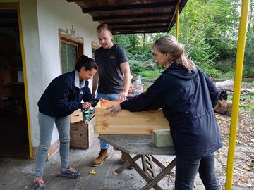 Die Umweltbildner:innen beim Bau einer Wildbienennisthilfe (J. Over)