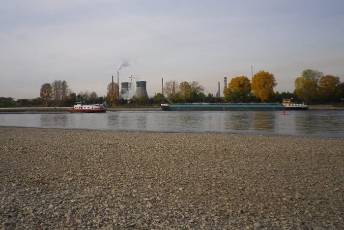 Godorfer Hafen von der gegenüberliegenden Rheinseite.