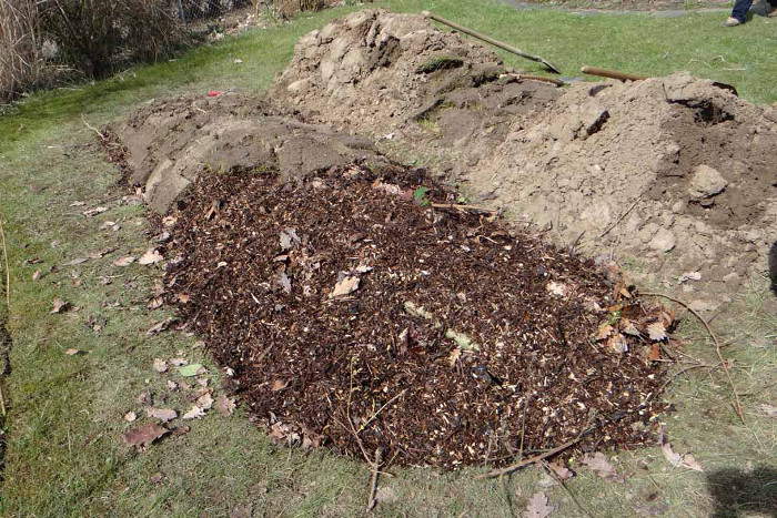 Erster Schritt beim Bau eines Hügelbeets: Eine Schicht aus gehäckselten Grassoden